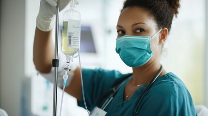 Hospital Ward Professional Black Head Nurse Wearing Face Mask Does Checkup of Patient's Vitals
