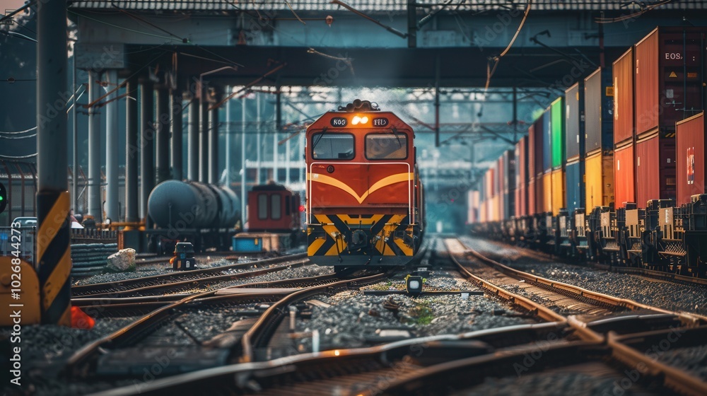 Aufkleber a freight train is being loaded with containers at a busy railway station, illustrating transportati
