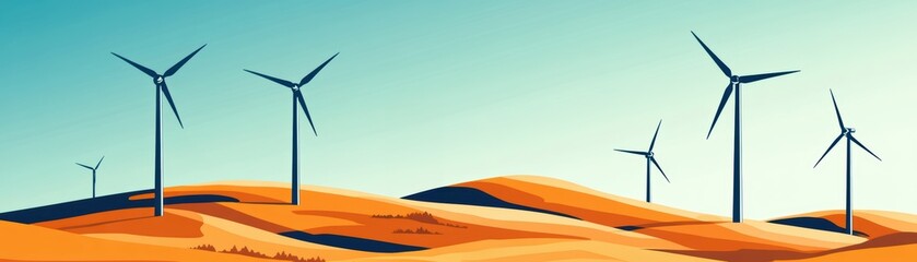 Wind turbines on desert dunes under a clear blue sky, renewable energy landscape.