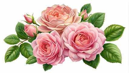 Naklejka premium A cluster of pink roses with lush green leaves, isolated against a white background.