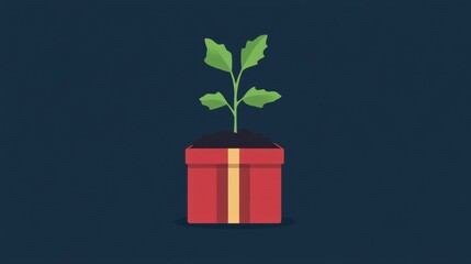 A potted plant emerging from a gift box on a dark background.
