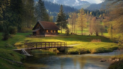Fototapeta premium A tranquil riverside scene in Switzerland, featuring a charming wooden cabin surrounded by vibrant spring foliage and mountains. Generative AI
