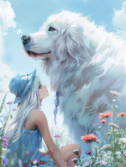 White-haired girl in a stunning blue dress and hat, standing amidst a floral sea alongside her large, fluffy companion, against a light sky-blue background that conjures a dreamy ambiance. 