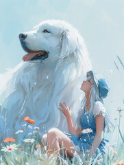 White-haired girl in a stunning blue dress and hat, standing amidst a floral sea alongside her large, fluffy companion, against a light sky-blue background that conjures a dreamy ambiance. 