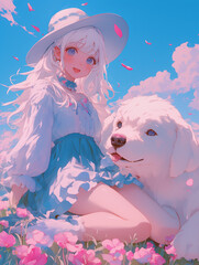 White-haired girl in a stunning blue dress and hat, standing amidst a floral sea alongside her large, fluffy companion, against a light sky-blue background that conjures a dreamy ambiance. 