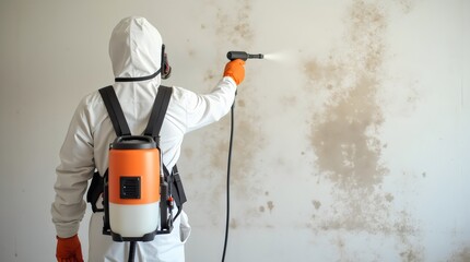 Mold remediation service: A professional worker spraying products to remove mold before house painting, clad in a protective suit and respirator mask, with a backpack sprayer at a home renovation site