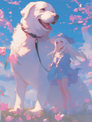 White-haired girl in a stunning blue dress and hat, standing amidst a floral sea alongside her large, fluffy companion, against a light sky-blue background that conjures a dreamy ambiance. 