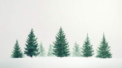 Obraz premium A serene arrangement of evergreen trees in a snowy landscape with a light background.