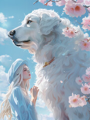 White-haired girl in a stunning blue dress and hat, standing amidst a floral sea alongside her large, fluffy companion, against a light sky-blue background that conjures a dreamy ambiance. 