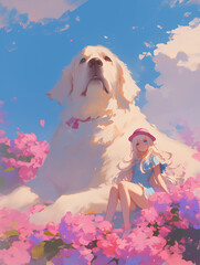 White-haired girl in a stunning blue dress and hat, standing amidst a floral sea alongside her large, fluffy companion, against a light sky-blue background that conjures a dreamy ambiance. 