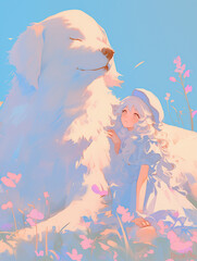 White-haired girl in a stunning blue dress and hat, standing amidst a floral sea alongside her large, fluffy companion, against a light sky-blue background that conjures a dreamy ambiance. 