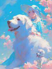 White-haired girl in a stunning blue dress and hat, standing amidst a floral sea alongside her large, fluffy companion, against a light sky-blue background that conjures a dreamy ambiance. 