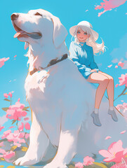 White-haired girl in a stunning blue dress and hat, standing amidst a floral sea alongside her large, fluffy companion, against a light sky-blue background that conjures a dreamy ambiance. 