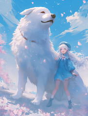 White-haired girl in a stunning blue dress and hat, standing amidst a floral sea alongside her large, fluffy companion, against a light sky-blue background that conjures a dreamy ambiance. 