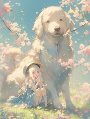 White-haired girl in a stunning blue dress and hat, standing amidst a floral sea alongside her large, fluffy companion, against a light sky-blue background that conjures a dreamy ambiance. 