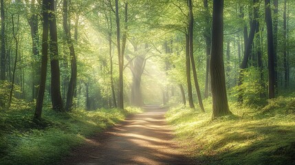 Obraz premium Serene Sunlit Pathway Through Lush Green Forest