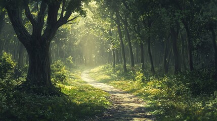 Obraz premium Serene Forest Pathway with Sunlight Filtering Through Trees
