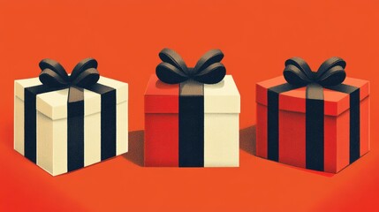 Three colorful gift boxes with ribbons on an orange background.