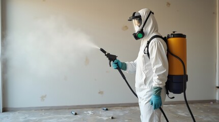 Mold remediation service: A professional worker spraying products to remove mold before house painting, clad in a protective suit and respirator mask, with a backpack sprayer at a home renovation site