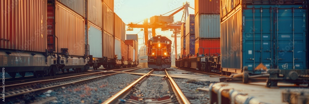 Poster a freight train arrives at the railway station to be loaded with containers as the sun sets, creatin