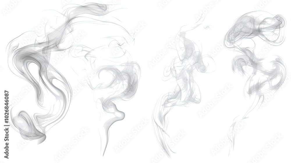 Poster swirling white and grey smoke vapor shapes creating fluid patterns generative ai