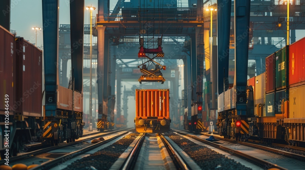 Poster a freight train is being loaded with colorful containers at a bustling railway station in the evenin