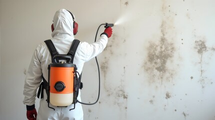 Mold remediation service: A professional worker spraying products to remove mold before house painting, clad in a protective suit and respirator mask, with a backpack sprayer at a home renovation site