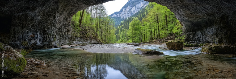 Poster explore the tranquility of a beautiful swiss spring, framed by towering mountains and vibrant green 