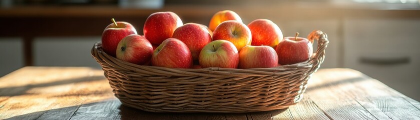 A vibrant basket of fresh apples basking in sunlight, showcasing their rich colors and inviting texture on a rustic wooden surface.