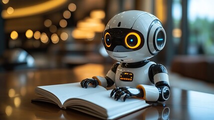 Fototapeta premium A small robot in cartoon style reading a notebook at a desk, representing near-future android technology.