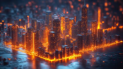 Fototapeta premium A smart city on a dark blue background showcasing intelligent infrastructure, IoT, 5G, and AI integration in a futuristic cityscape.