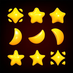 3d set yellow plastic stars and moons. Realistic 3d symbol design for casino and game