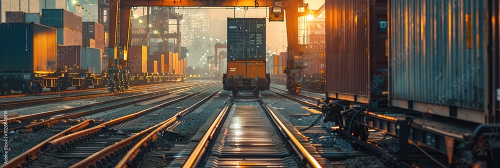 Aufkleber a freight train is being loaded with colorful shipping containers at a busy railway station during t
