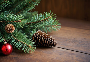 Christmas pine branches with red ornament and pine cones on wooden surface