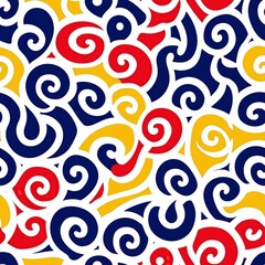 Fototapeta premium Vibrant Abstract Swirl Pattern in Bold Red, Blue, & Yellow Colors on a White Background, Playful & Dynamic Design with Spiraling Shapes, Perfect for Modern Decor, Wallpaper, or Graphic Design.