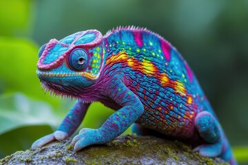 Obraz premium A vibrant chameleon with striking colors rests on a mossy surface, showcasing its unique patterns and textures against a lush green background.