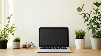 Minimalist workspace with laptop on wooden desk, surrounded by potted plants and natural light