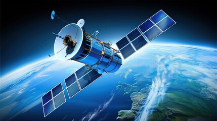 Fototapeta premium Satellite orbiting Earth with solar panels deployed