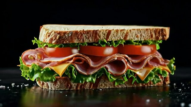 a sandwich with a sprinkling of salt, isolated on a black background