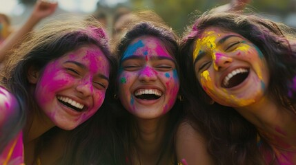 Obraz premium Multiethnic group of young cheerful friends playing with colorful holi powder celebrating summer festival