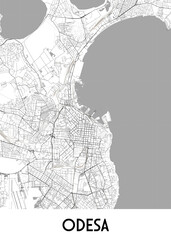 Fototapeta premium A detailed black and white map of Odesa, Ukraine, with a gray background. The map showcases the city's street network, including major roads and smaller streets.