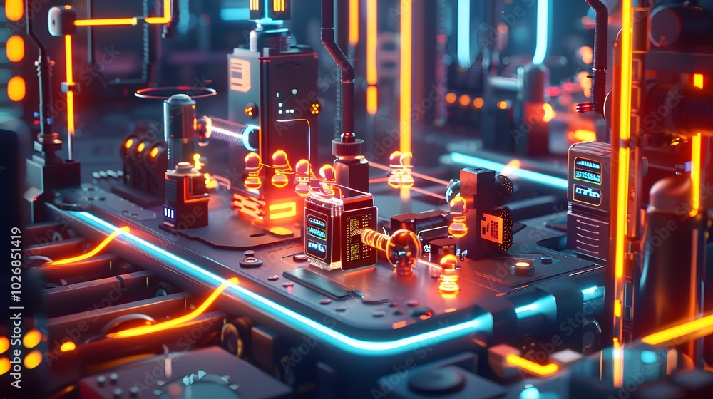Poster a dynamic workshop scene where a concept is iteratively improved through glowing, evolving prototype