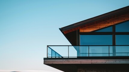 Fototapeta premium Modern House Balcony With Glass Railing Against Blue Sky