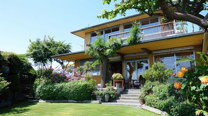 Fototapeta premium Yellow House with Lush Garden and Patio