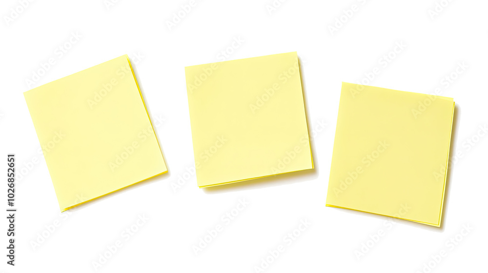 Poster three blank yellow sticky notes arranged on a bright surface generative ai