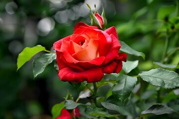Close-up of a vibrant red rose blooming among lush green leaves.