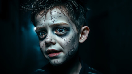 Portrait of a child with cracked zombie face paint for Halloween