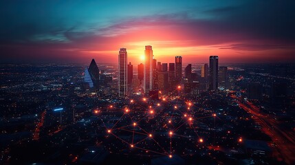 Fototapeta premium A technology concept with network and connection themes, focusing on skyscrapers in Dallas, Texas, USA, representing urban tech integration.