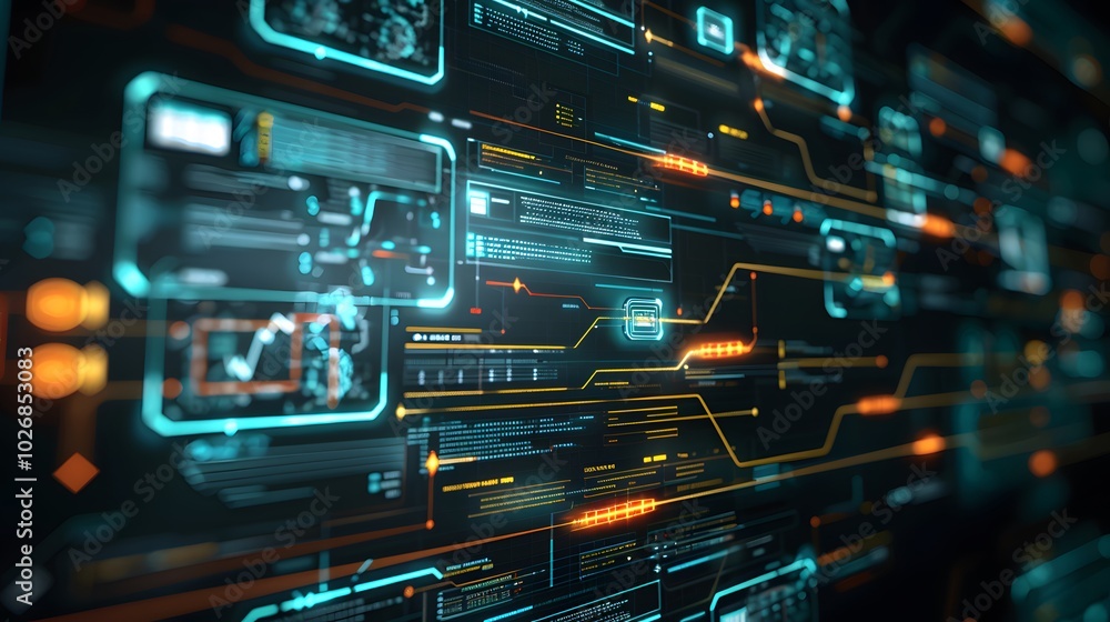 Poster a sleek, digital flowchart or process map displayed in a high-tech interface, outlining the steps, i