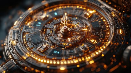 Obraz premium A technology-themed design on a pocket watch face illustrates the blend of traditional timepieces with modern digital elements.